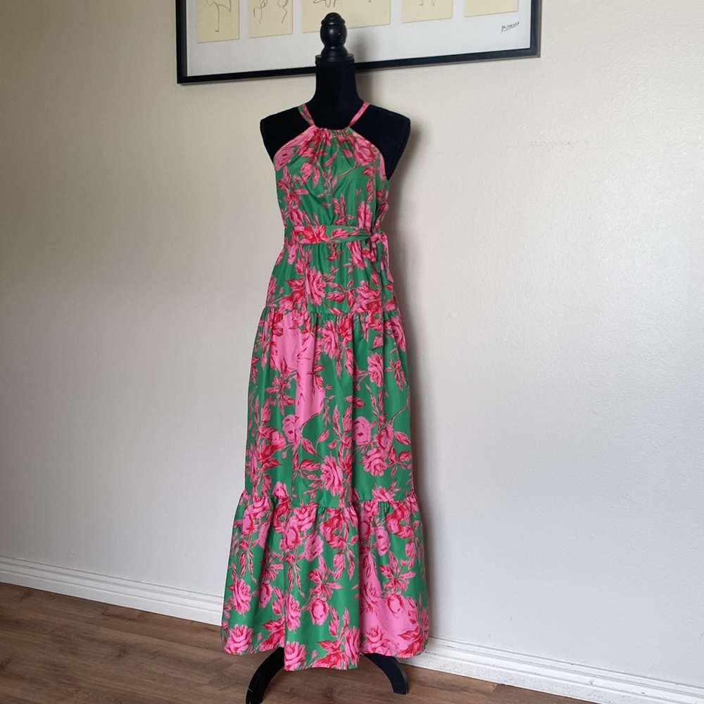 C+D+M Green Pink Rose print halter dress
